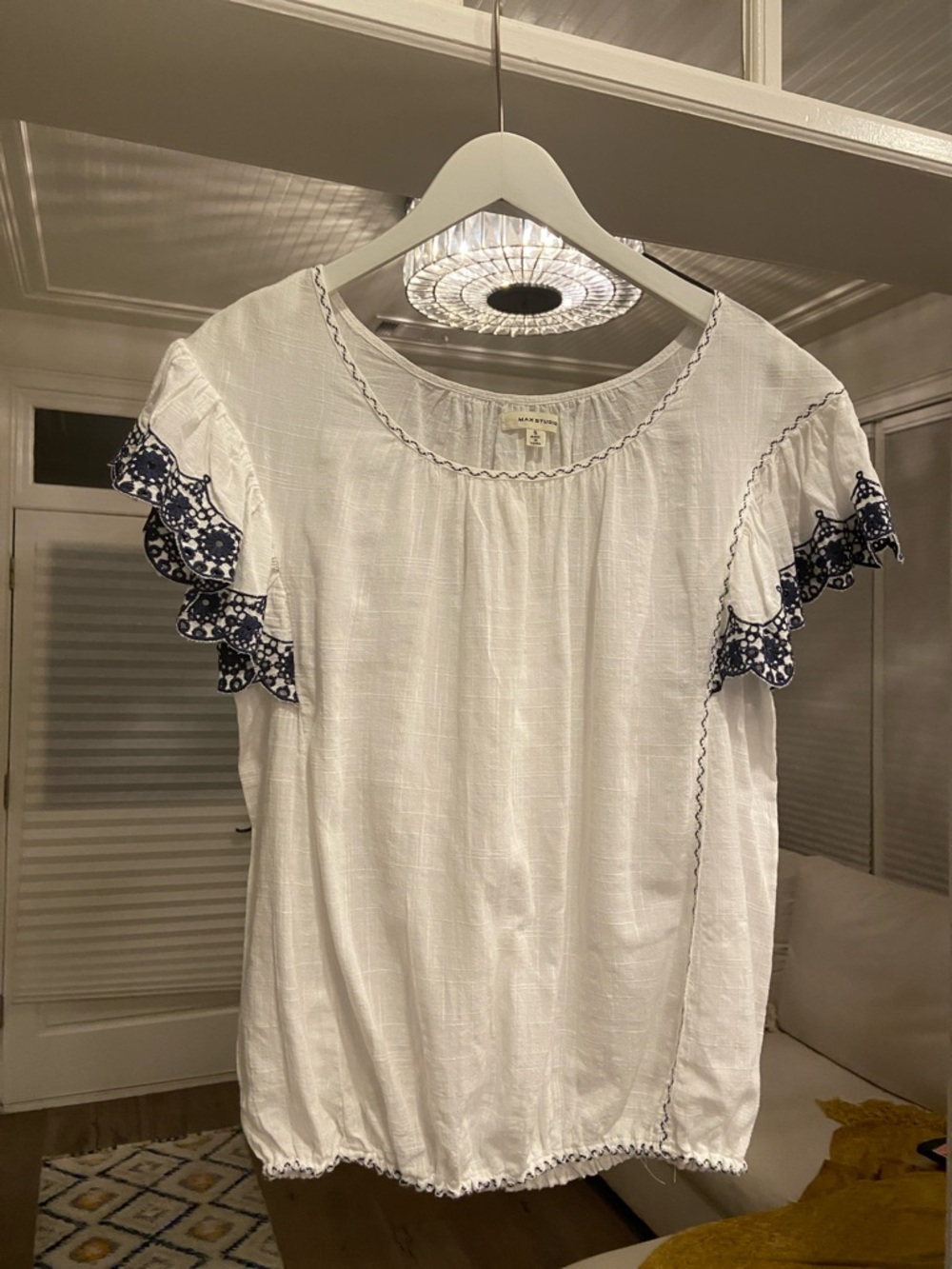 Max Studio White Top with Navy Eyelet Flutter Sleeves